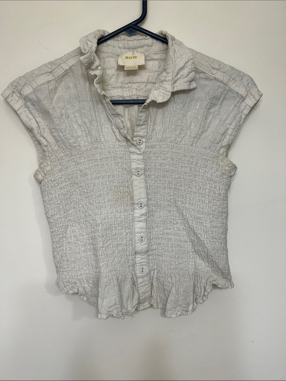 Maeve Cream Smocked Button-Front Cap Sleeve Blouse